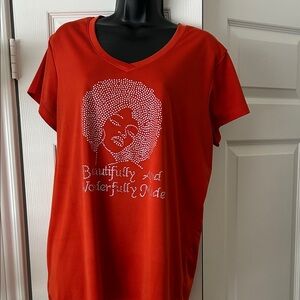 Orange Graphic T-Shirt with Rhinestone Design